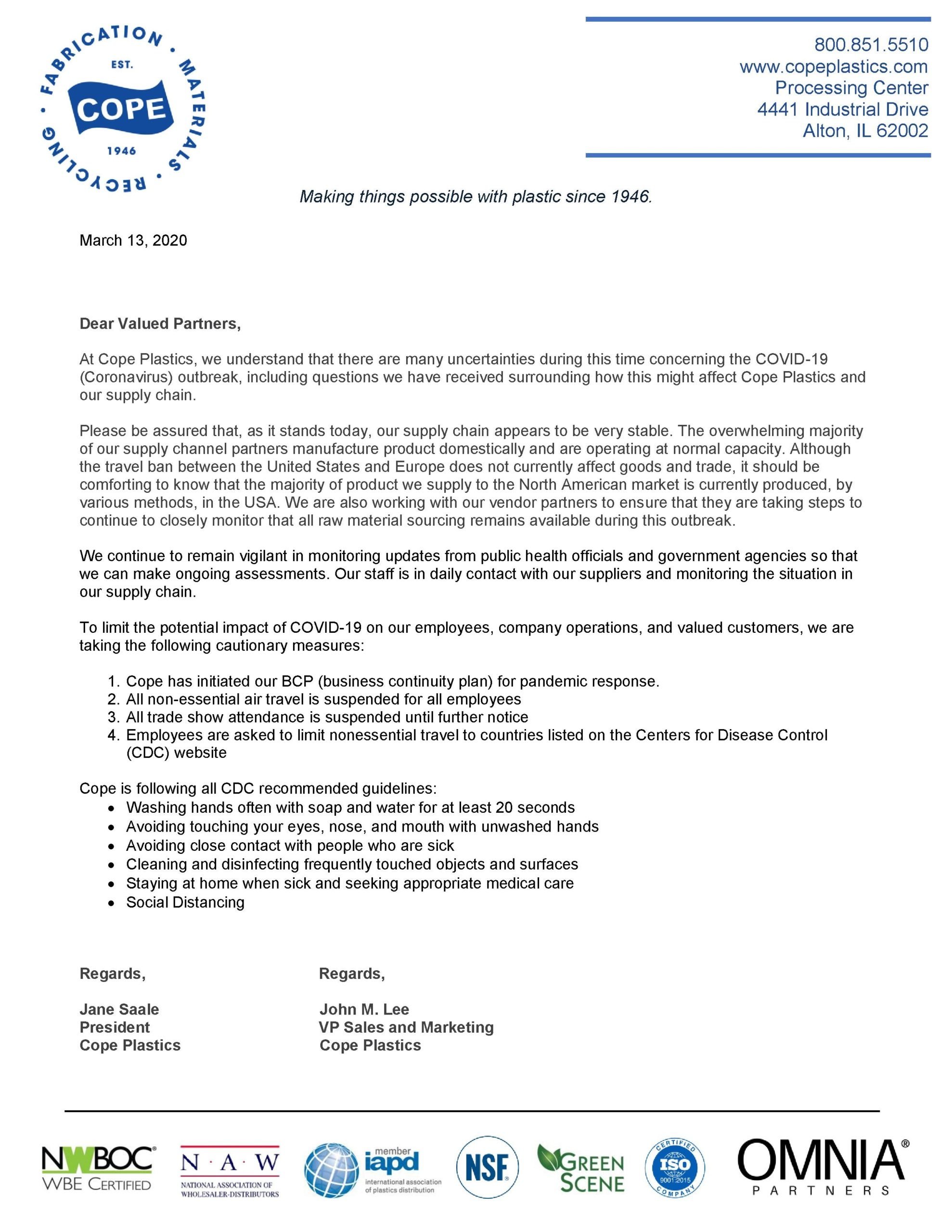 A Letter to Our Customers Regarding COVID19 Cope Plastics